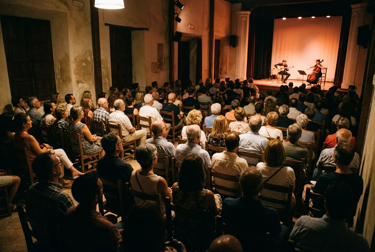 publico sentado en el auditorio de la casa natal de picasso en malaga durante un concierto cultural