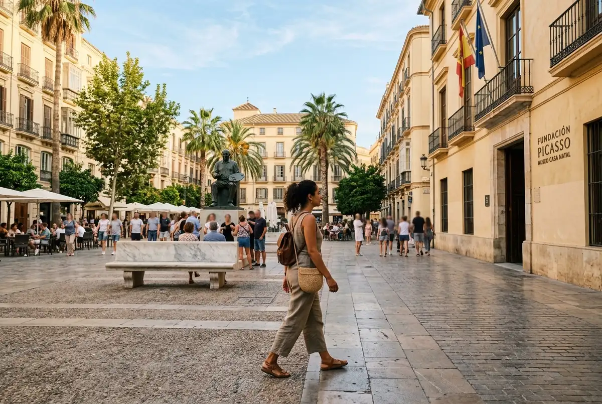 turista caminando hacia la casa natal de picasso en la plaza de la merced de malaga con el monumento a picasso al fondo