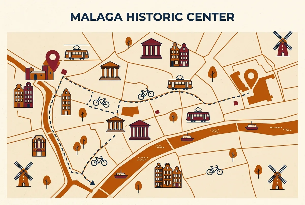 mapa sencillo del centro historico de malaga mostrando la ruta a pie entre el museo picasso malaga y la casa natal de picasso en la plaza de la merced, iconos genericos