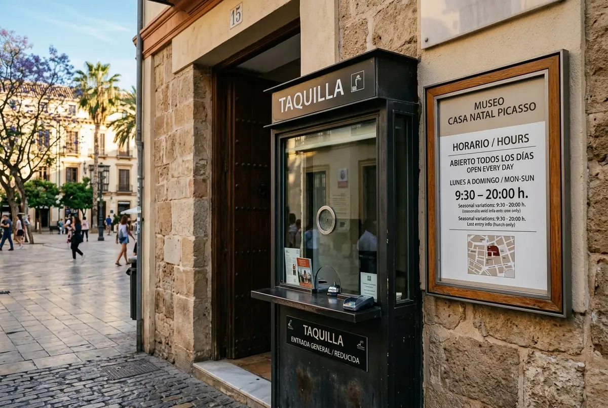 voyageuse consultant les horaires affichés à l'entrée de la maison natale de picasso sur la plaza de la merced à malaga