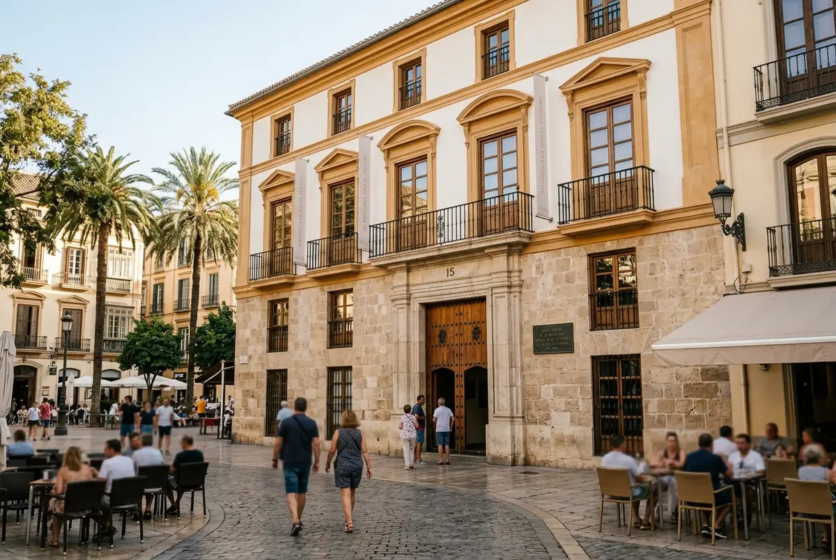 sunlit facade of the picasso birthplace museum on Plaza de la Merced in Malaga with a small plaque near the entrance