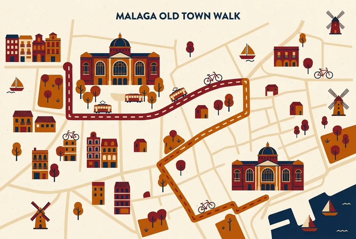simple map showing the walking route between the picasso birthplace museum on Plaza de la Merced and the main picasso museum malaga in the old town