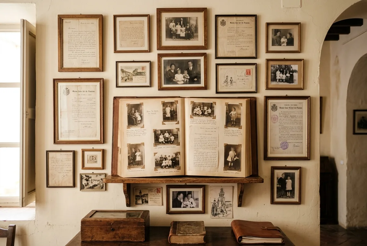 galeria estilo album de fotos con marcos genericos mostrando el tipo de fotografias familiares y documentos que se conservan en la casa natal de picasso malaga