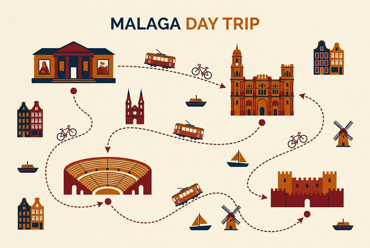 kaart infographic met het museum, de kathedraal, de alcazaba en plaza de la merced binnen de oude binnenstad van malaga, met generieke labels