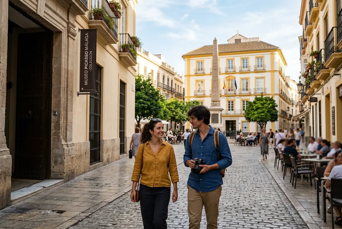 pareja de turistas caminando entre el museo picasso malaga y la plaza de la merced con la casa natal de picasso al fondo