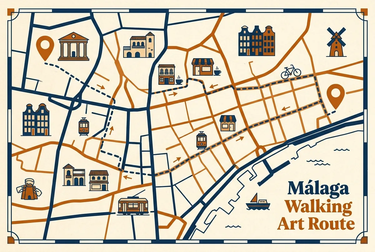 mapa sencillo mostrando la ruta a pie entre el museo picasso malaga y la casa natal de picasso en el centro de málaga, con iconos genéricos y sin nombres de calles reales