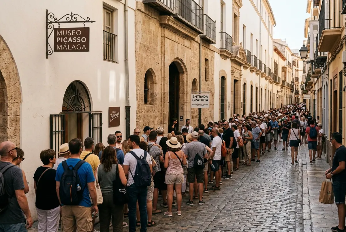 longue file de visiteurs patientant devant l'entrée du musée picasso malaga pendant le créneau d'entrée gratuite
