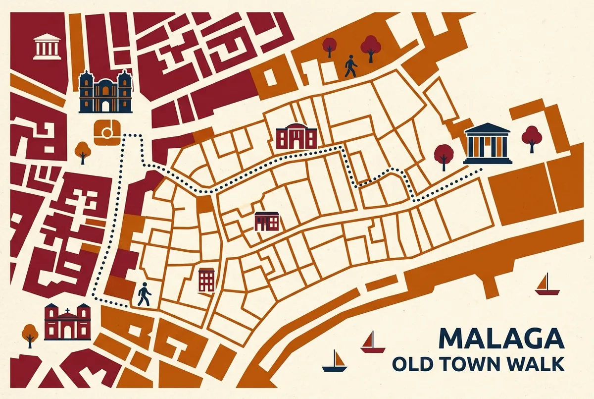 simple walking route map from Plaza de la Constitución to the picasso museum malaga entrance through Malaga's old town streets, with generic street labels only