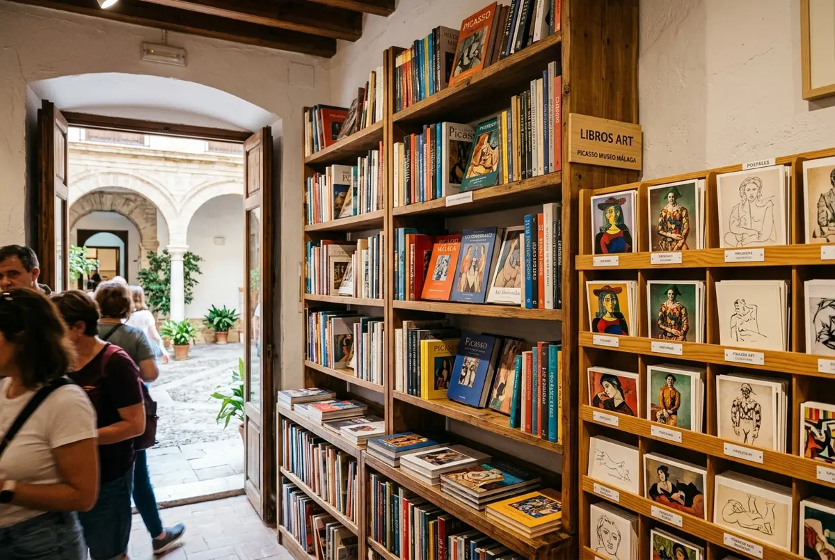 visiteuse feuilletant un livre d'art dans la librairie du musée picasso malaga près de la sortie du palacio de buenavista