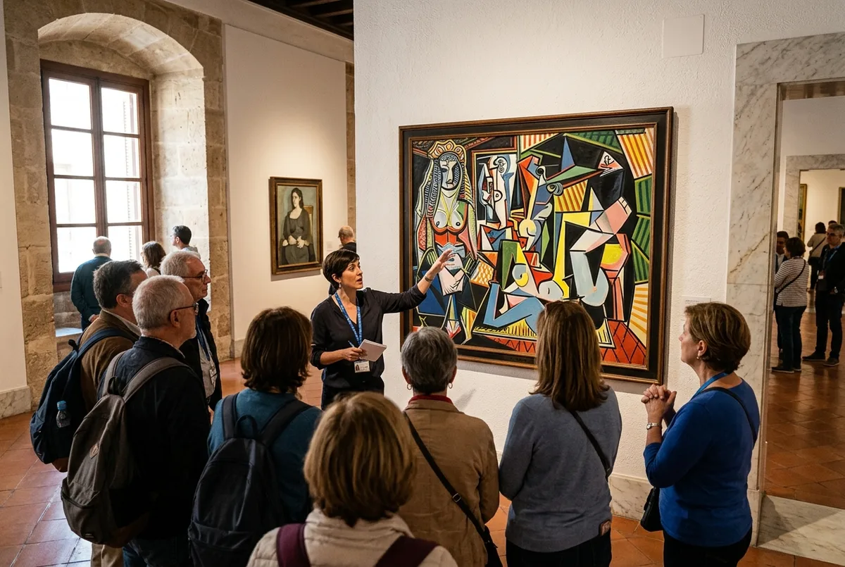 guia explicando una obra de arte a un grupo de visitantes dentro de una sala del museo picasso malaga