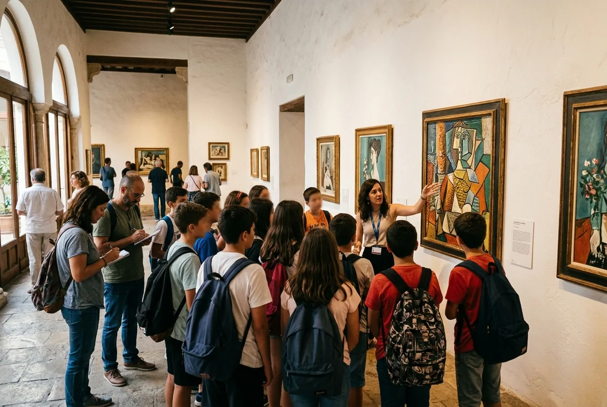 grupo escolar con profesores acompañantes escuchando una explicacion guiada en una sala del museo picasso malaga
