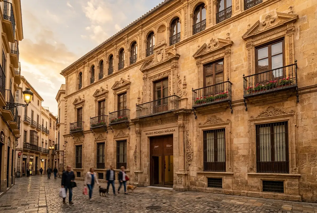fachada renacentista del palacio de buenavista con detalles mudejares, sede de la historia del museo picasso malaga, luz calida de atardecer