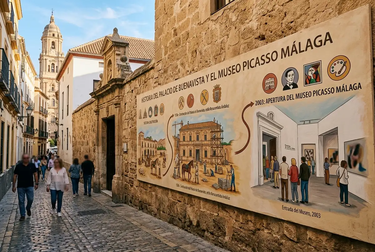 linea temporal ilustrada mostrando la construccion del palacio de buenavista en el siglo XVI y la apertura del museo picasso malaga en 2003, con iconos genericos