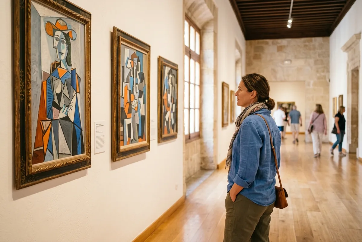 satisfied traveler standing in a sunlit gallery of the picasso museum malaga looking at Cubist paintings on the wall