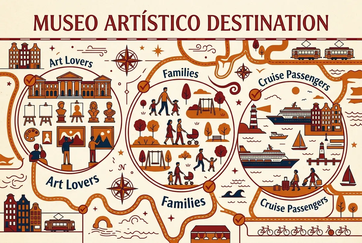 simple checklist infographic showing who the picasso museum malaga suits best, art lovers, families, cruise passengers, using generic icons only