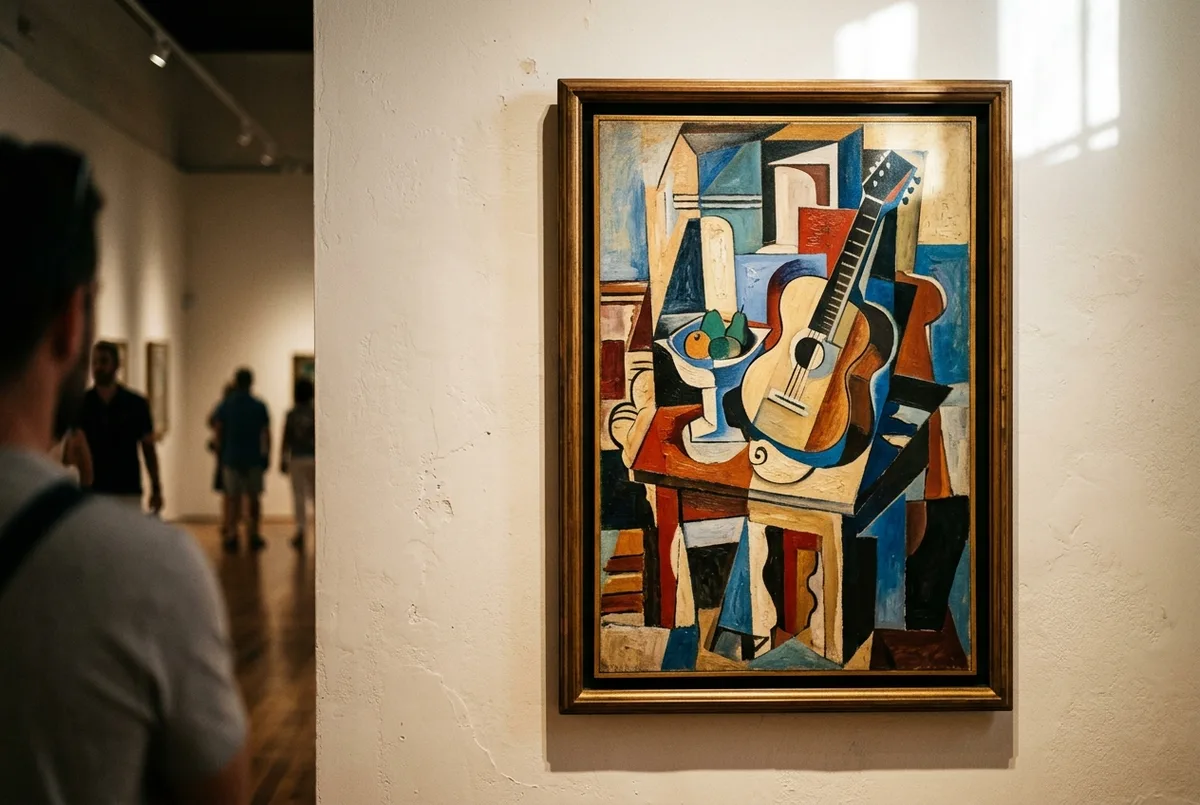 turista observando de cerca una pieza de ceramica de Picasso en una vitrina iluminada, una de las obras mas importantes museo picasso malaga