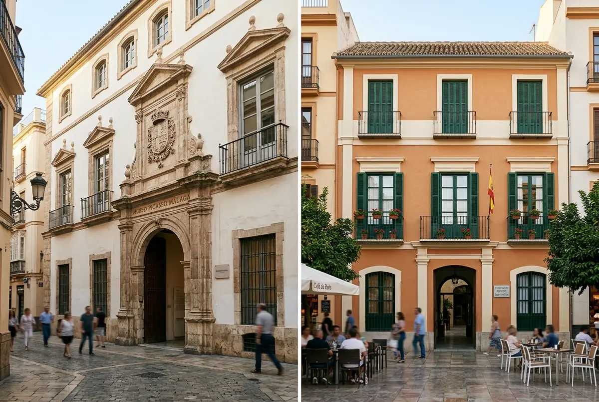 voyageur comparant deux billets sur son téléphone devant la plaza de la merced, en arrière-plan la maison natale de picasso à malaga