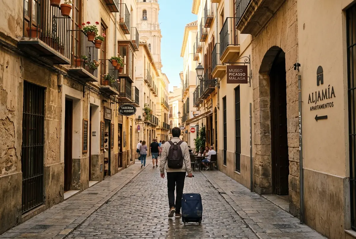 viajero con maleta caminando por una calle del centro historico de malaga cerca de su alojamiento y del museo picasso malaga