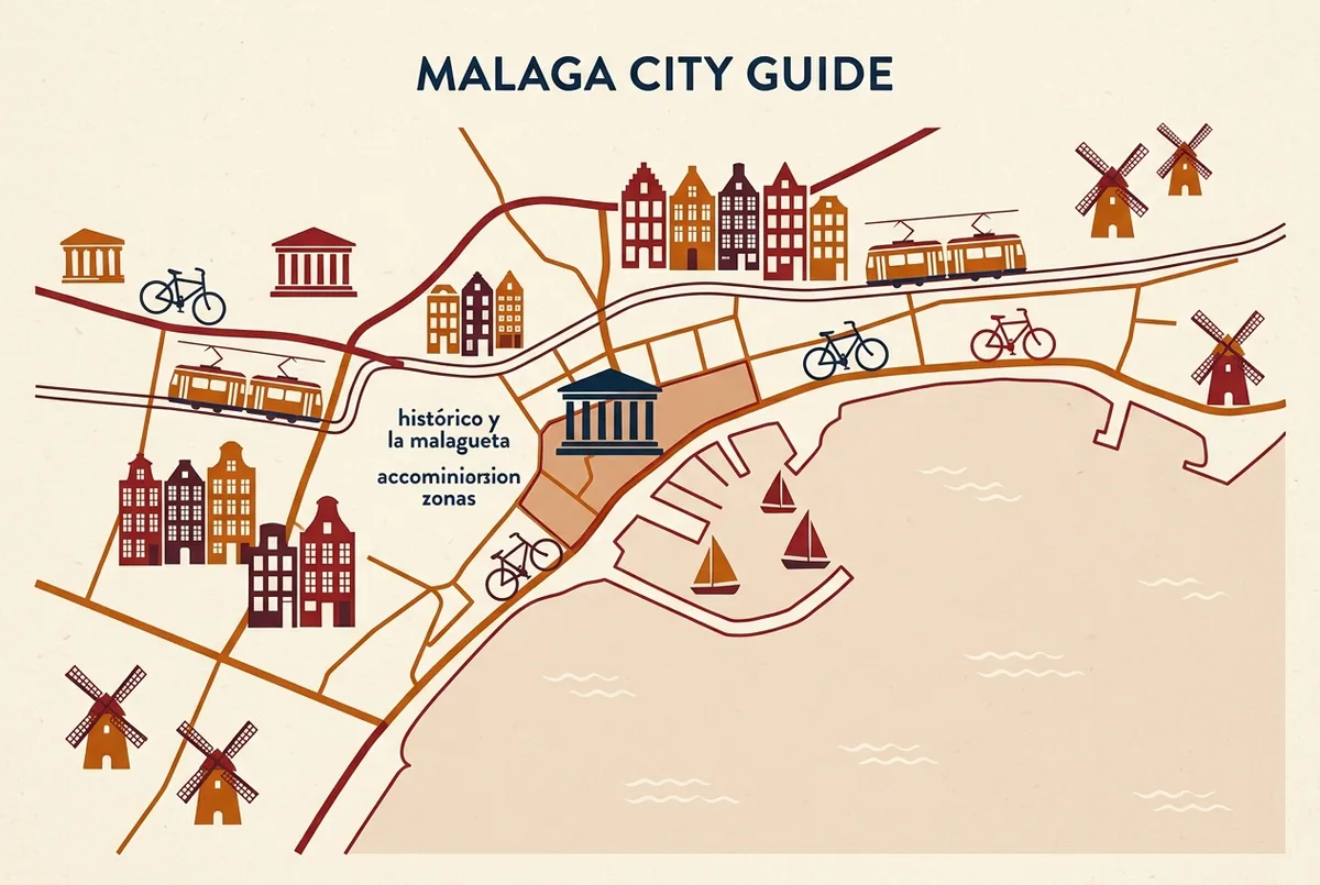 mapa esquematico de malaga señalando el centro historico y la malagueta como zonas para alojarse cerca del museo picasso malaga con iconos genericos
