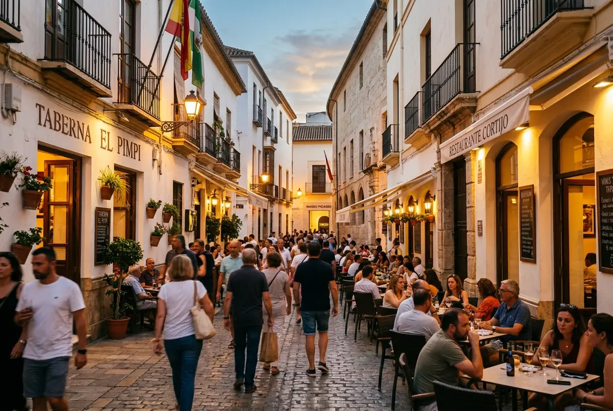 calle animada del centro histórico de málaga con terrazas y comercios cerca del museo picasso malaga al atardecer
