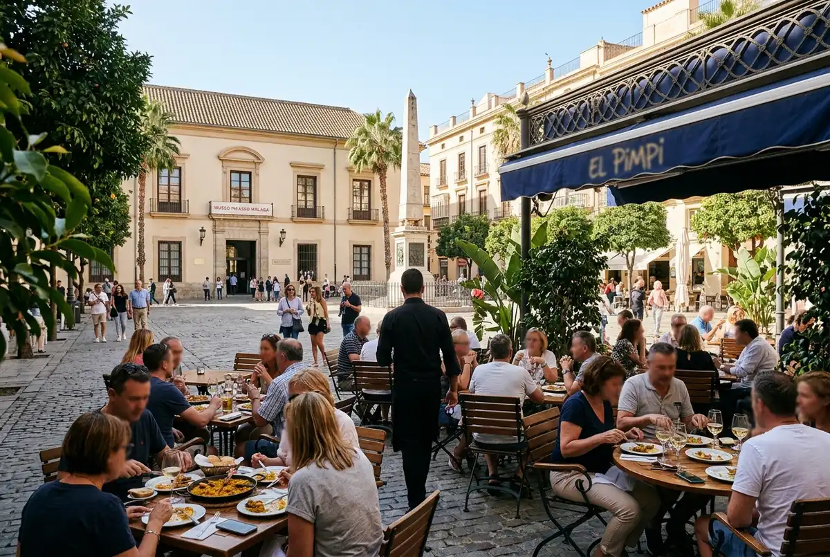 terraza de un restaurante en la plaza de la merced de malaga con turistas comiendo cerca del museo picasso malaga al mediodia