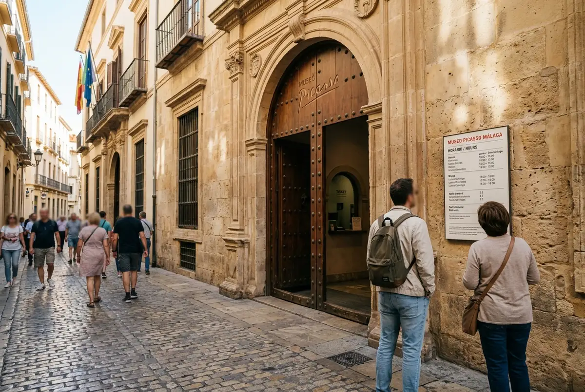 tourists checking the picasso museum malaga opening hours sign beside the entrance of the Palacio de Buenavista in the morning