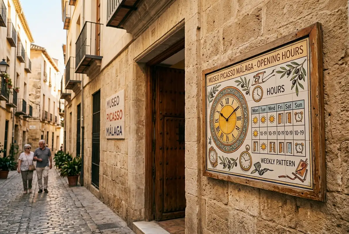 illustrated clock and calendar beside the picasso museum malaga facade representing the weekly opening hours pattern, with no specific figures shown