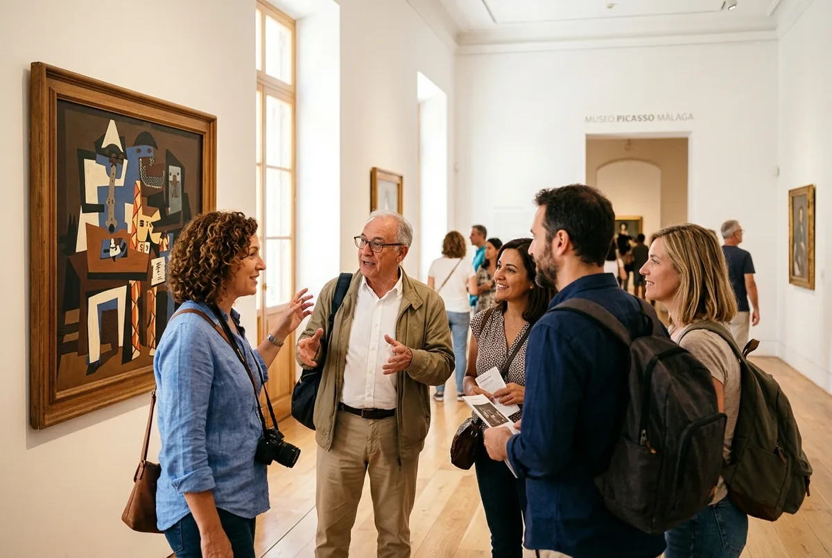 grupo de turistas comentando animadamente frente a un cuadro en una sala luminosa del museo picasso malaga