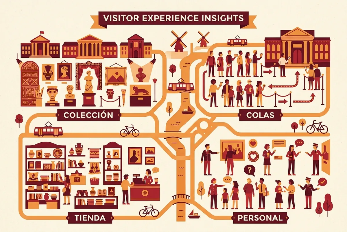 infografía con iconos genéricos que representan los temas más repetidos en las opiniones del museo: colección, colas, tienda y personal