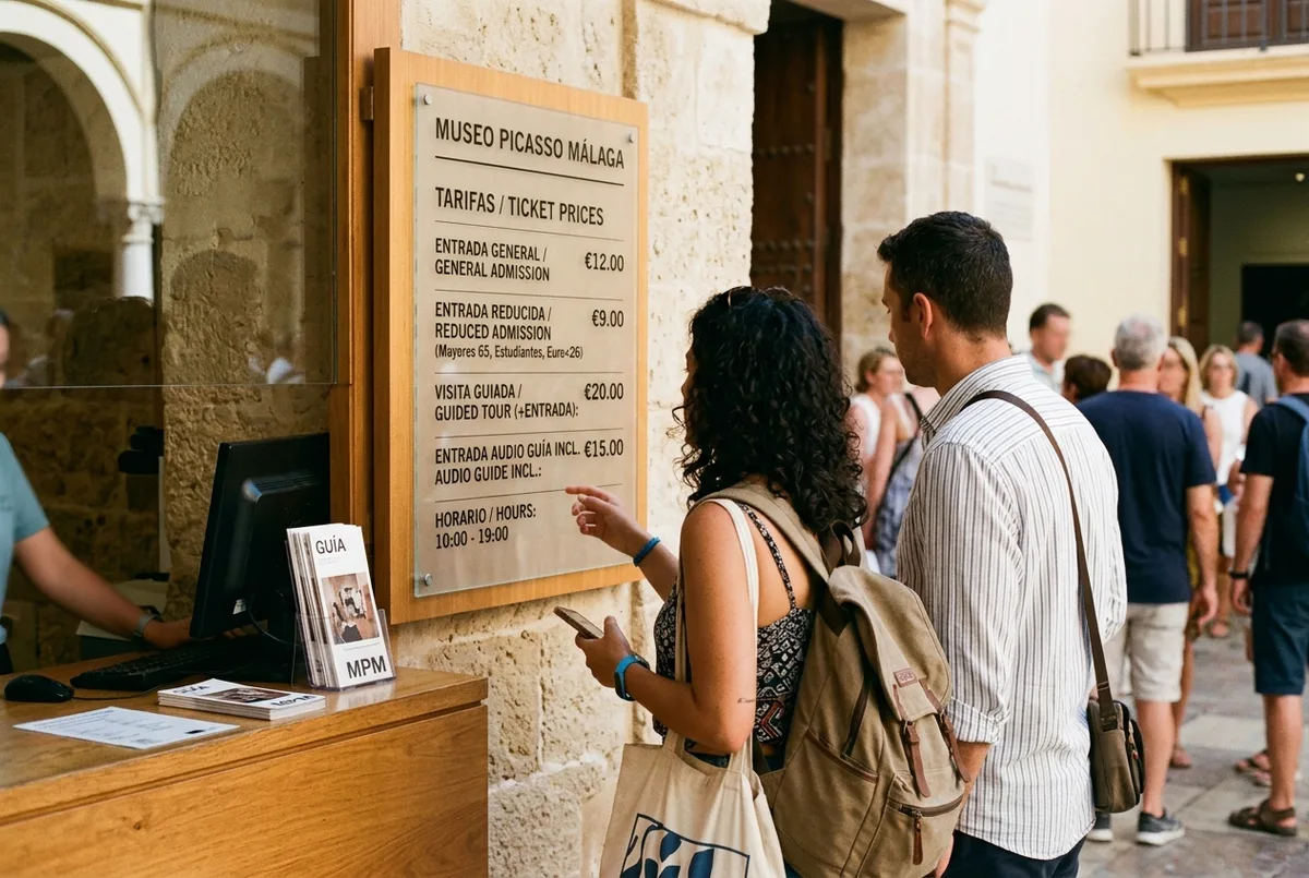 panneau des tarifs et guichet d'information à l'entrée du musée picasso malaga avec des touristes qui vérifient le prix du billet