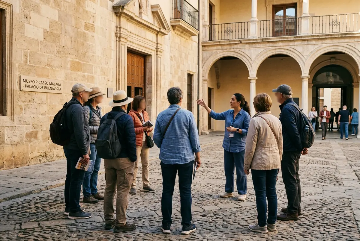 guida turistica che spiega un dipinto di Picasso a un piccolo gruppo di visitatori dentro il museo picasso malaga