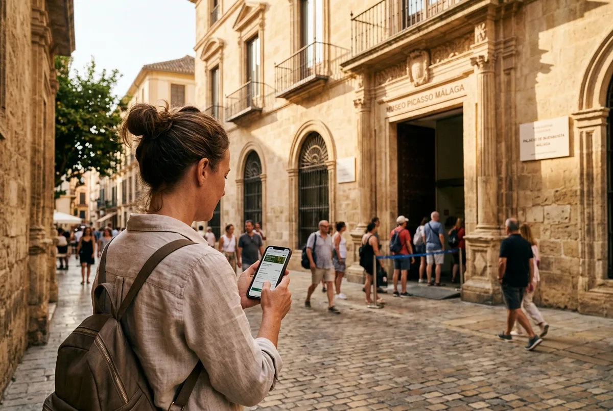 traveler buying picasso museum malaga tickets on a phone in front of the sunlit Palacio de Buenavista facade