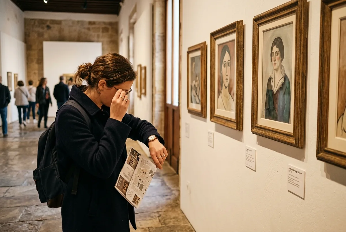 visitor checking the time on a wristwatch beside a gallery wall inside the picasso museum malaga while planning the visit duration