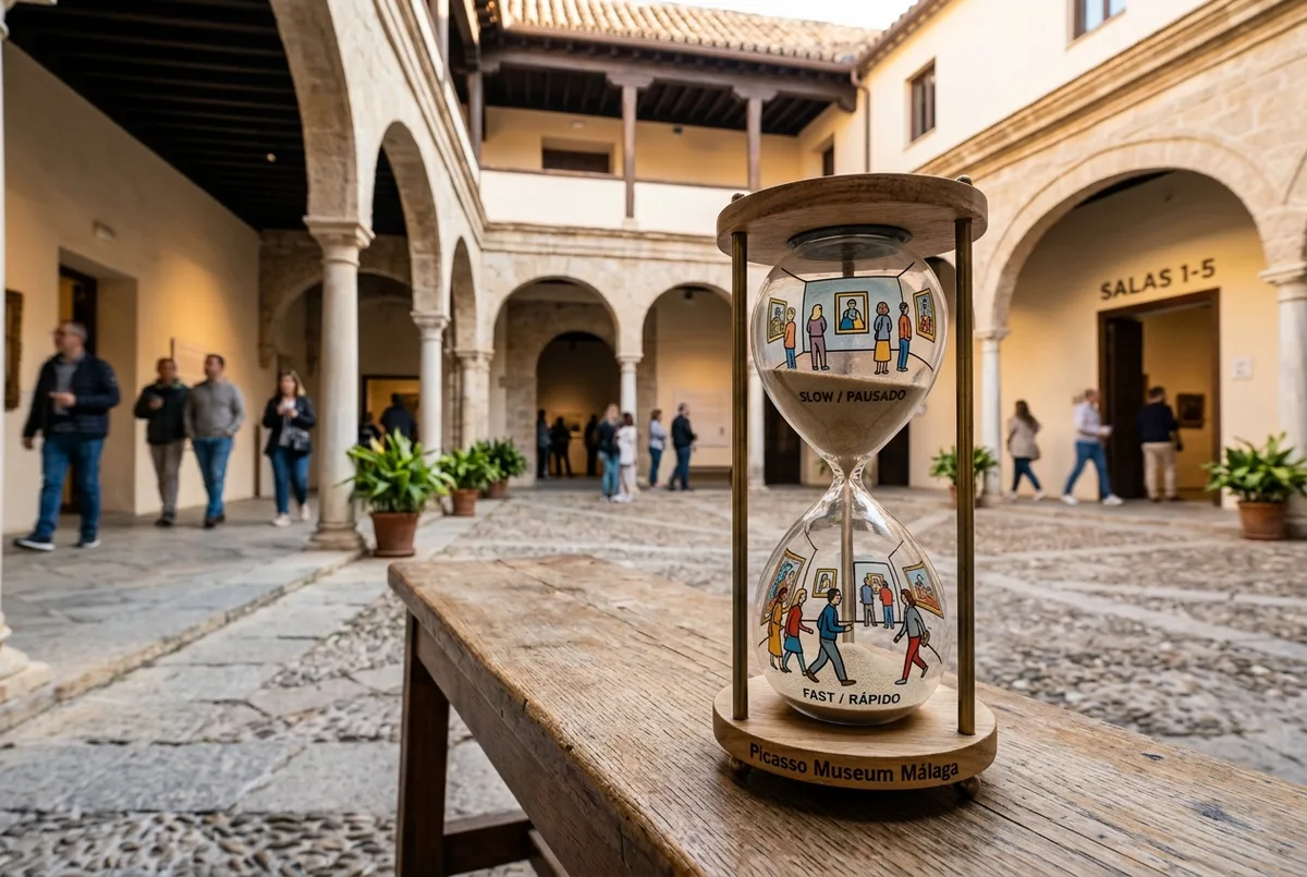 illustrated hourglass beside galleries in the picasso museum malaga representing different visit paces, with no specific figures shown