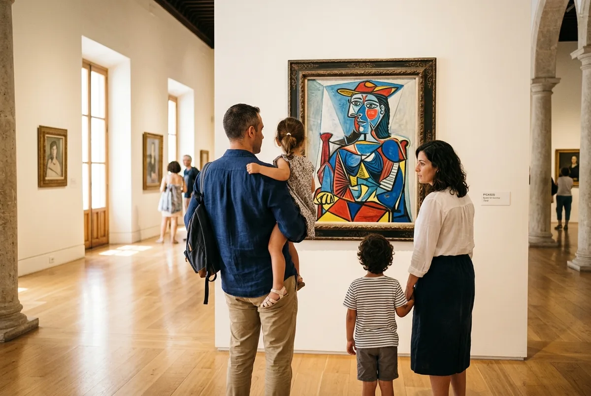 familia con dos niños pequeños observando una obra de arte en una sala luminosa del museo picasso malaga