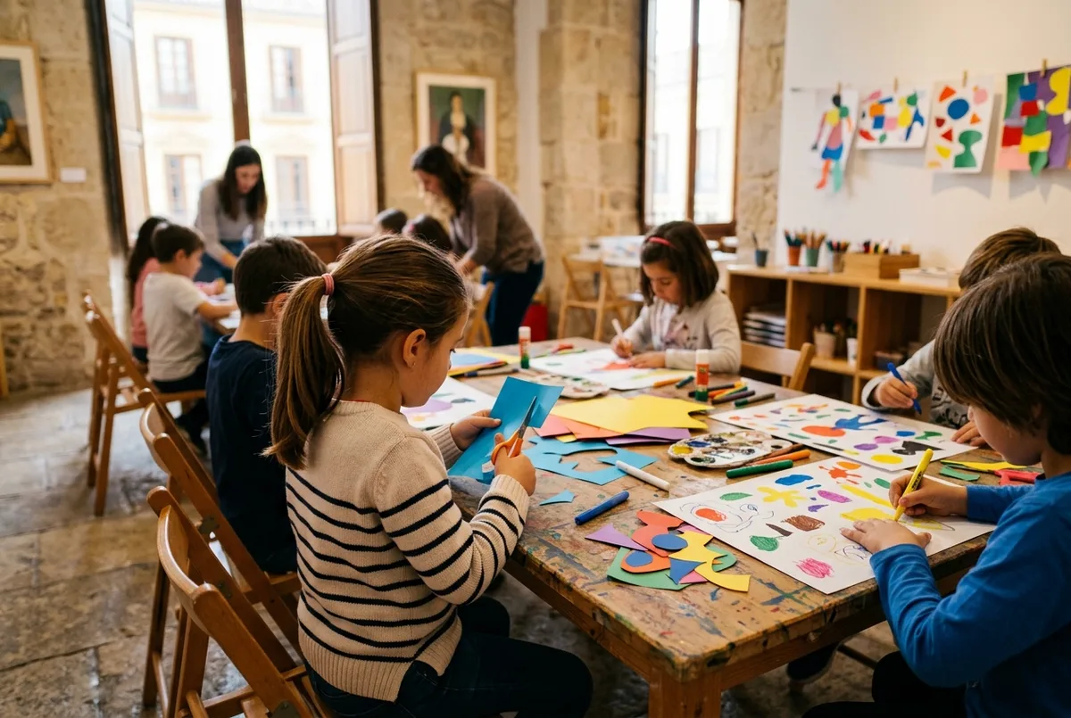 niños participando en un taller creativo con papel y colores dentro de una sala educativa del museo picasso malaga