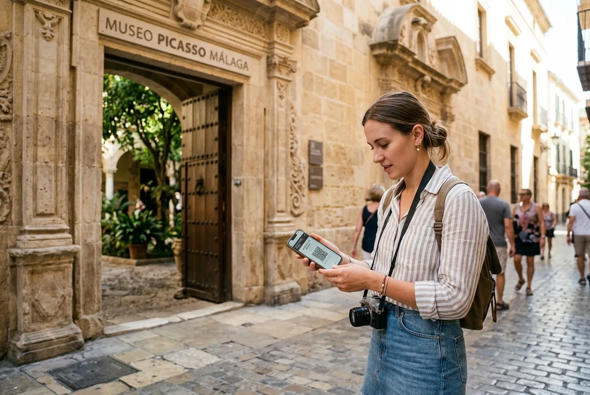 voyageuse souriante consultant son billet électronique sur son téléphone devant l'entrée du musée picasso malaga avant l'ouverture