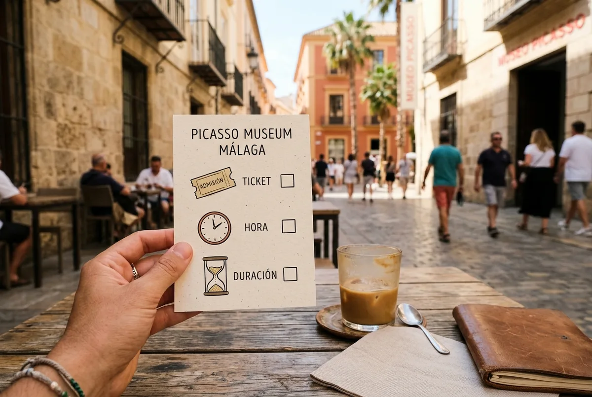 check list illustrée en icônes génériques rappelant les étapes avant une visite du musée picasso malaga : billet, horaire, sac et audioguide