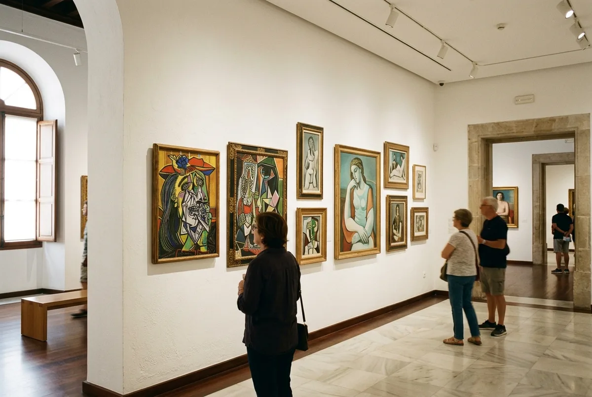 sunlit gallery room inside the picasso museum malaga collection showing Cubist and Neoclassical paintings on white walls
