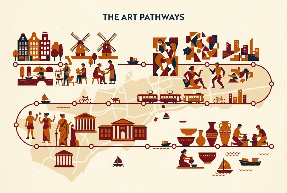 simple timeline infographic of the picasso museum malaga collection periods, academic, cubist, neoclassical and ceramics, using generic labels only
