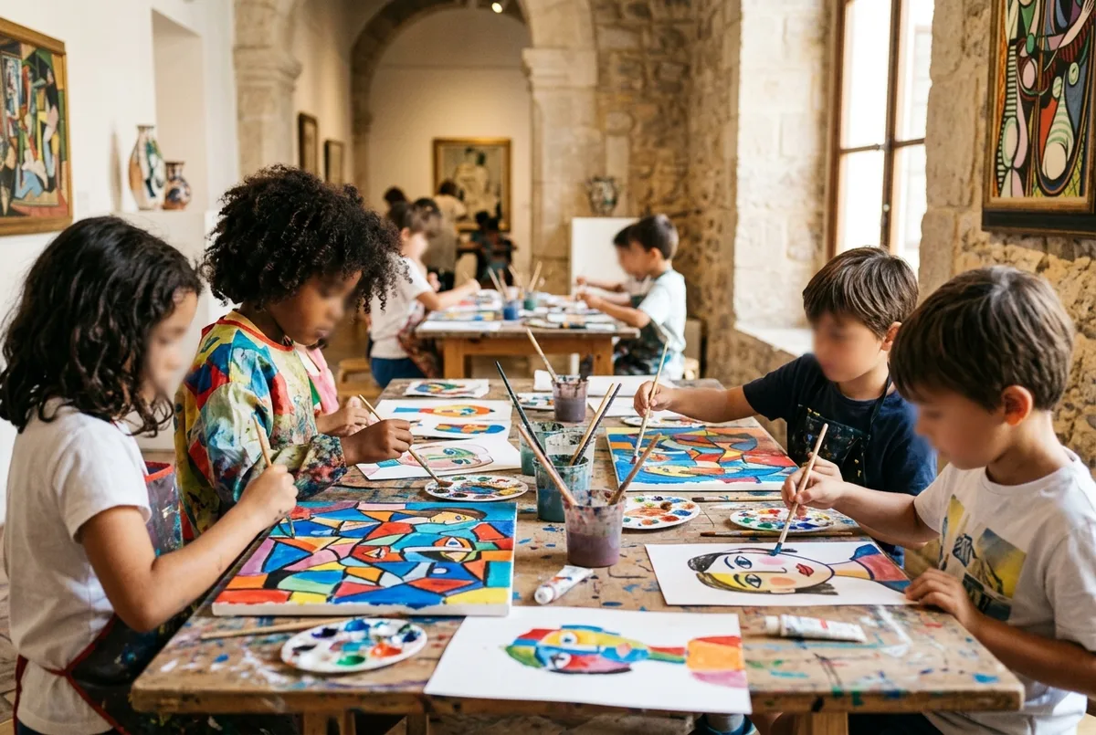 niños pintando en una mesa durante un taller educativo inspirado en la obra de picasso en el museo picasso malaga