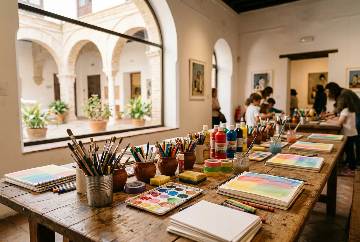 mesa de trabajo con materiales de arte genericos preparados para un taller infantil en el museo picasso malaga